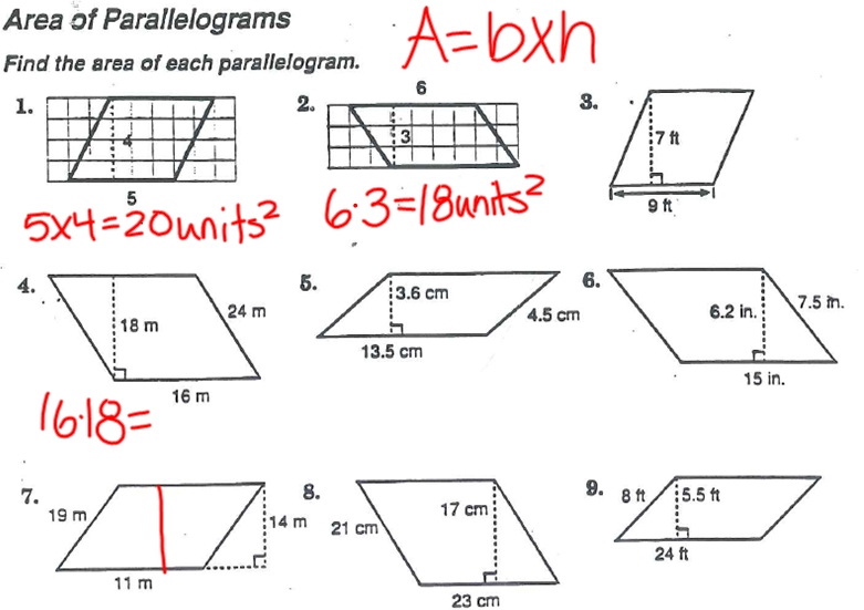 Area of parallelogram homework picture