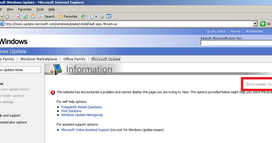 aktualizacja systemu Windows ta witryna wykryła problem windows xp