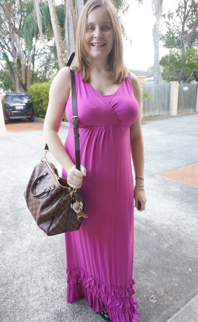 Away From Blue | easy postpartum style breastfeeding friendly nursing maxi dress LV speedy bag