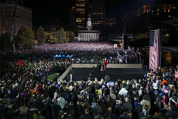 image of the crowd at Independence Hall, with Hillary onstage, and Iain and me in a tiny red circle in the crowd