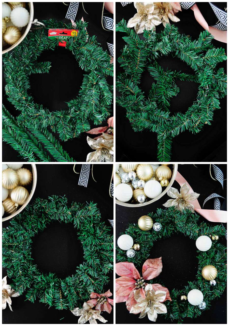 DIY simple floral and ornament wreath to use as decor on the back of a chair or counterstool for holiday or Christmas decor. DIY simple floral and ornament wreath to use as decor on the back of a chair or counterstool for holiday or Christmas decor.