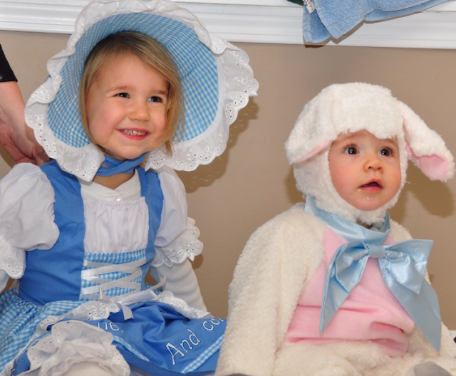 children in little bo peep and lamb halloween costumes