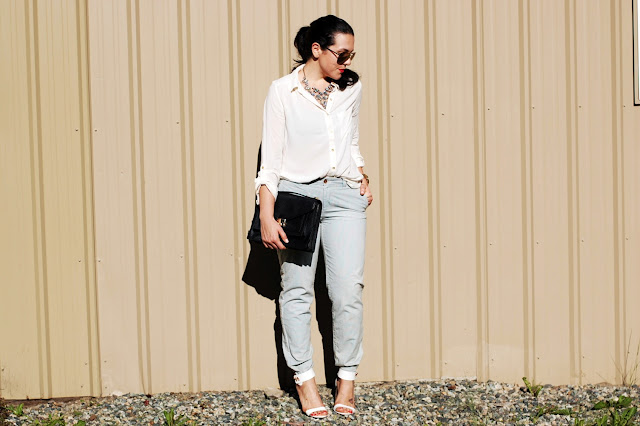 Gap chinos,Forever 21 blouse,J.Crew rhinestone bib necklace,Loeffler Randall Rider bag,Topshop heels and a Michael Kors watch