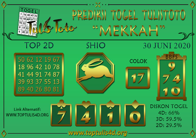 Prediksi Togel MEKKAH TULISTOTO 30 JUNI 2020