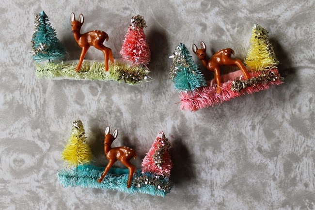bottle brush novelty christmas brooches with miniature deer and glitter from Wacky Tuna Vintage via Va Voom Vintage