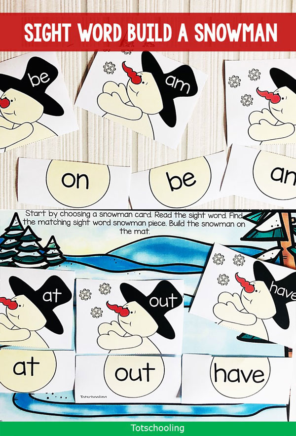 FREE printable Winter themed Sight Word activity featuring snowmen. Includes snowman puzzles and a winter mat with dolch pre-primer words, perfect for pre-k and kindergarten kids. Also comes in an editable PowerPoint file to add in your own custom sight words. Fun Winter literacy activity!