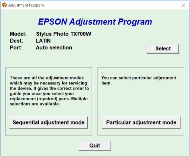 Adjustment program para resetear la impresora Epson Stylus Photo TX700W.