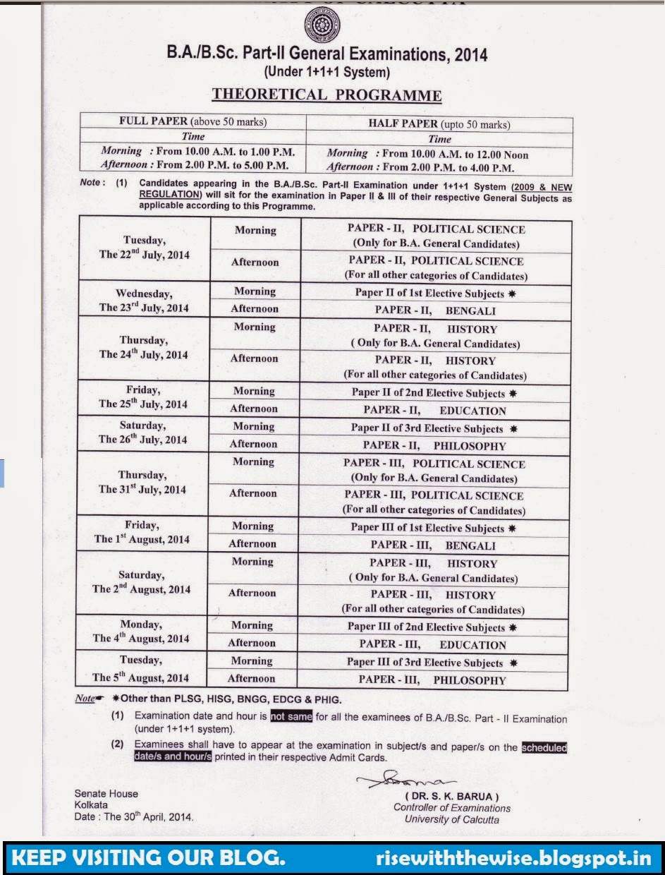 C.U. B.A /B.SC and English Honours PARTII EXAMINATION TIMETABLE The Wise Notes C.U. English