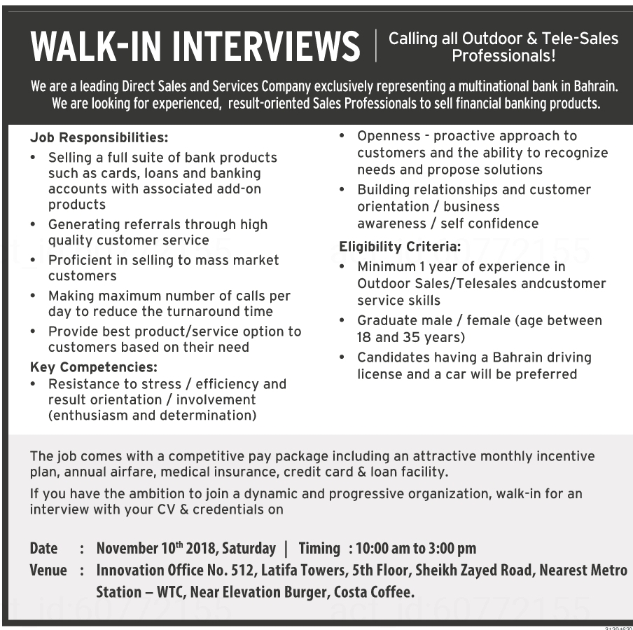 Walk In Interviews On 10th November 2018 For Out Door Tele Sales Professional Uae Jobs Local Hiring Khaleej Times Uae 0811908 Jobs In Abroad