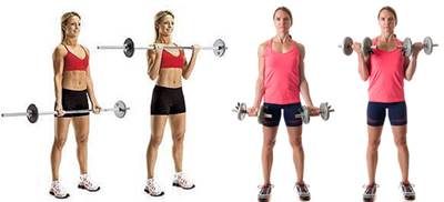 Ejercicios de biceps para mujeres Curl de biceps con barra y mancuernas para mujeres