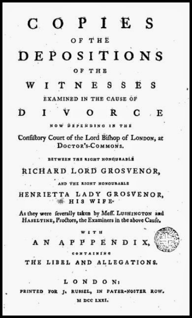 Front cover of Copies of the Depositions of the Witnesses in cause of divorce of Lord and Lady Grosvenor 1771