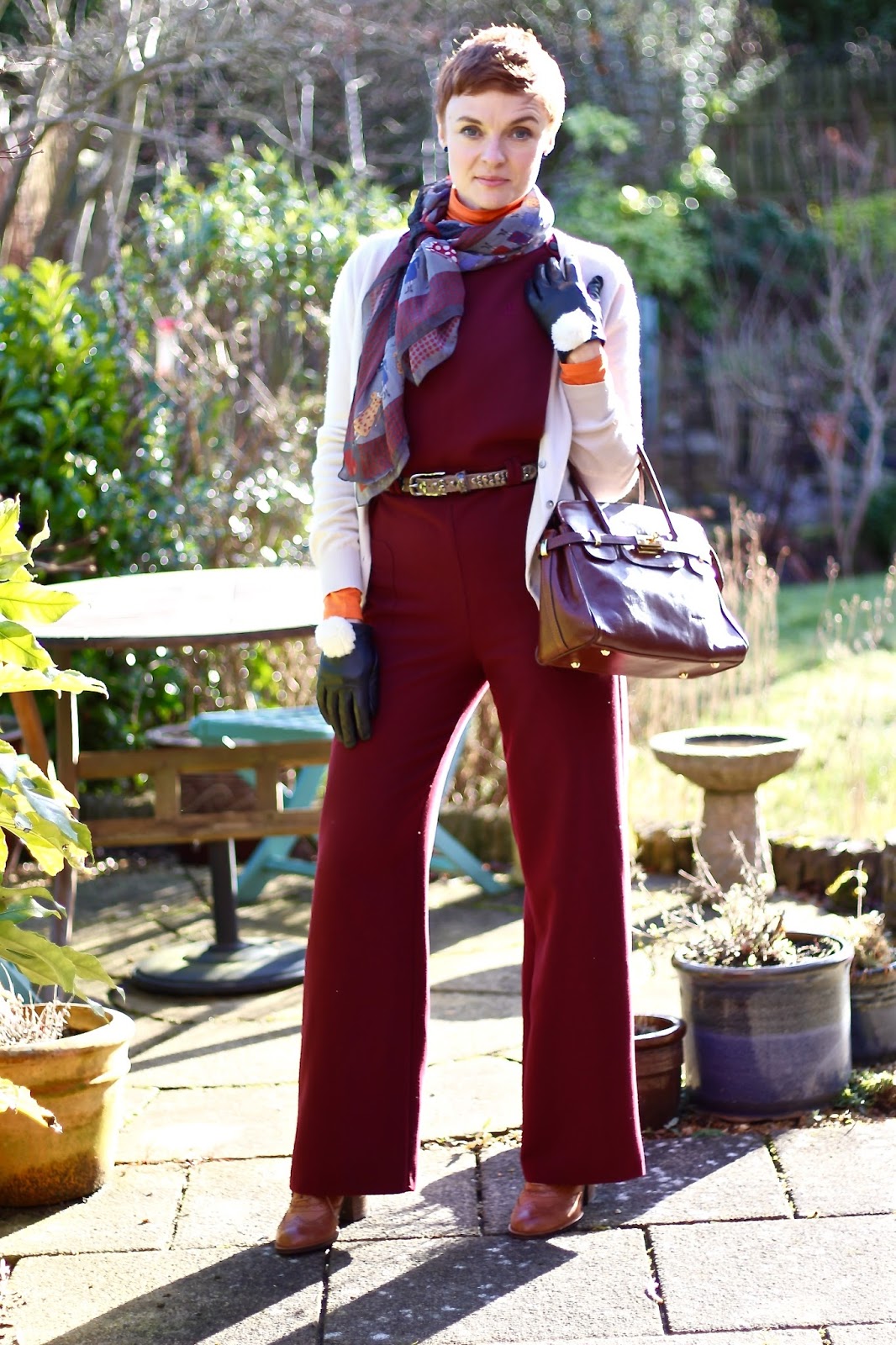 cream and burgundy outfit
