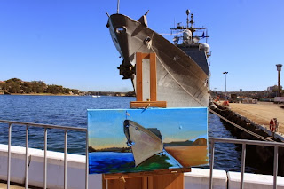 plein air oil painting of USS Chosin at Barangaroo wharf during International Fleet Review by artist Jane Bennett