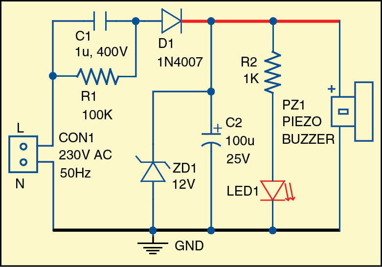 simple light and sound indicator for mains power supply electronic