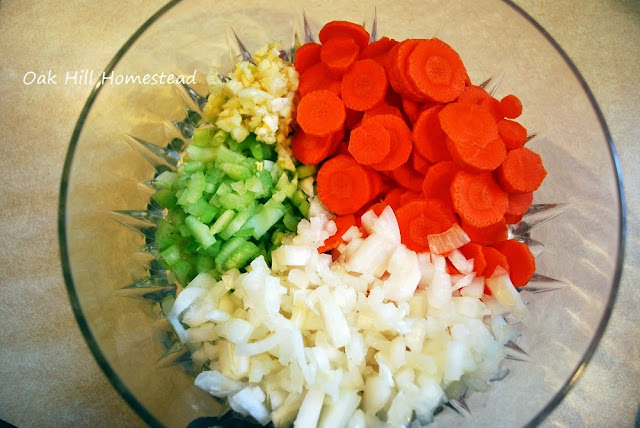 Chopped vegetables in a glass bowl.