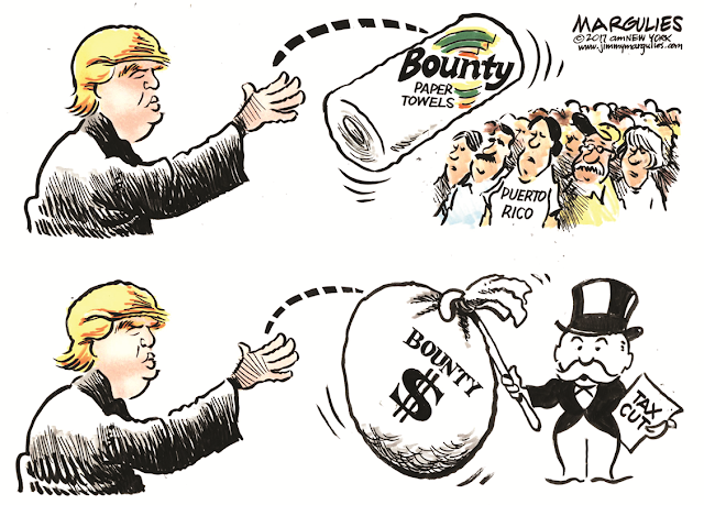 Image One:  Donald Trump throws paper towels to Puerto Ricans.  Image Two:  Donald Trump throws bags of money in tax cuts to plutocrats.