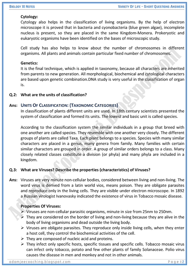 variety-of-life-short-question-answers-biology-11th