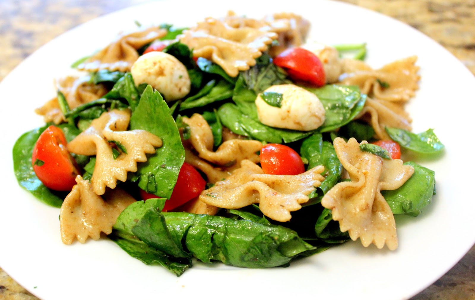 Fit and Lovin' it Pasta Salad with Fresh Spinach, Mozzarella, and