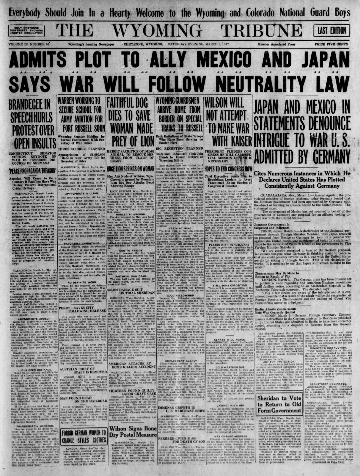 Lex The Wyoming Tribune for March 3, 1917. Admitting the plot