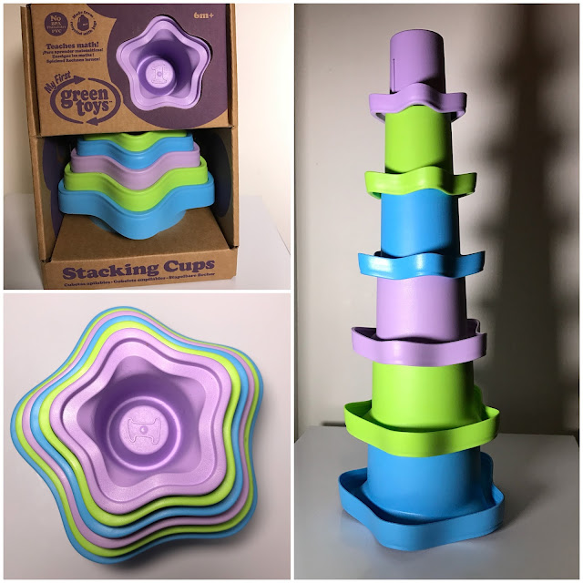 A collage of 3 images showing the stacking cups in the packaging, nestled together and stacked. The cups are pale blue, green and purple and are starfish or flower shaped