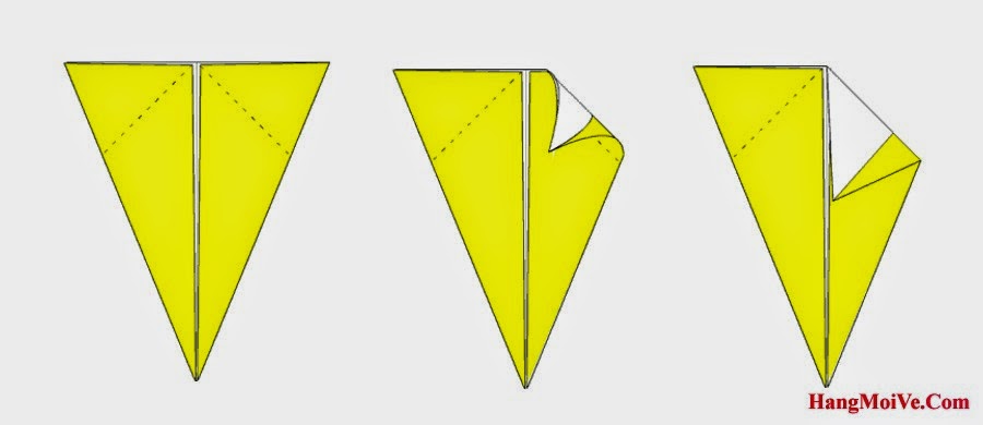 Bước 4: Gấp góc bên phải trên cùng của hình 1 xuống dưới (như hình 2) để tạo hình 3.