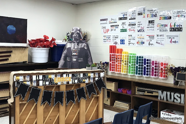 Star Wars classroom inspiration can be found in this blog post crammed with pictures.  Classroom organization, decorations and more are included. The force is strong in this music classroom.  Be inspired.