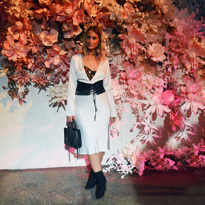 fashion week street style sydney mbfwa dyspnea white slip dress black corset belt floral embroidered black ankle boots steven khalil resort 18 show fashion week street style sydney mbfwa dyspnea white slip dress black corset belt floral embroidered black ankle boots steven khalil resort 18 show