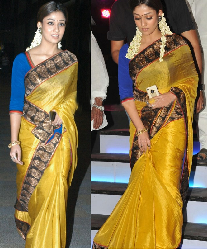  Nayanthara wearing yellow colour silk saree with contrast blue colour three fourth sleeves