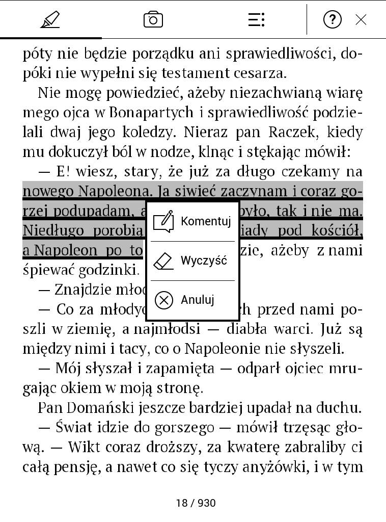 PocketBook Touch Lux 4 – menu kontekstowe po wybraniu zaznaczenia tekstu
