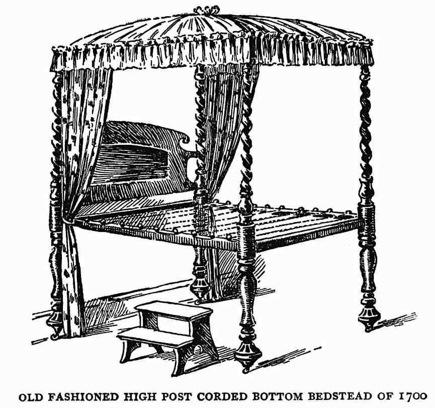 1700s bed High post corded bottom bedstead 1700, an illustration