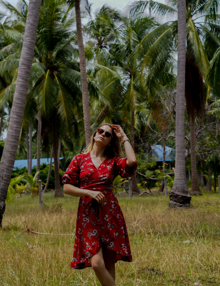 palm trees and red dress