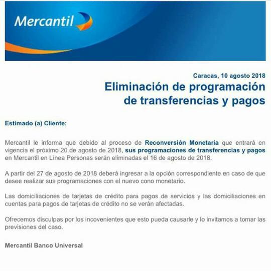 El Banco Universal, Mercantil, suspenderá temporalmente sus servicios de transferencias programadas y pagos en linea. El Banco Universal, Mercantil, suspenderá temporalmente sus servicios de transferencias programadas y pagos en linea.