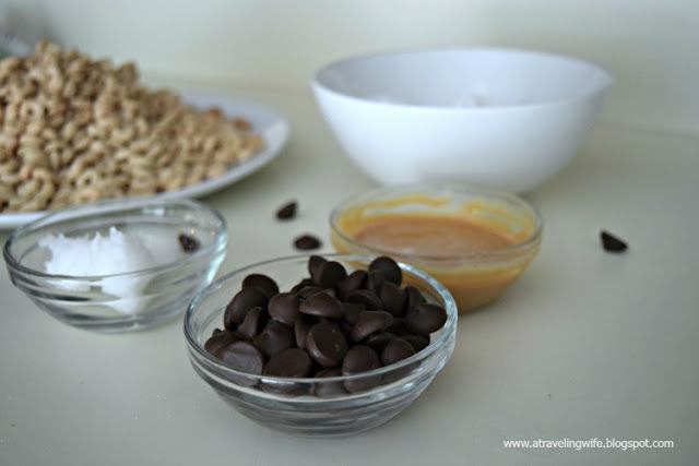 Cheerios, Nestle dark chocolate morsels, natural peanut butter, coconut oil, powdered sugar