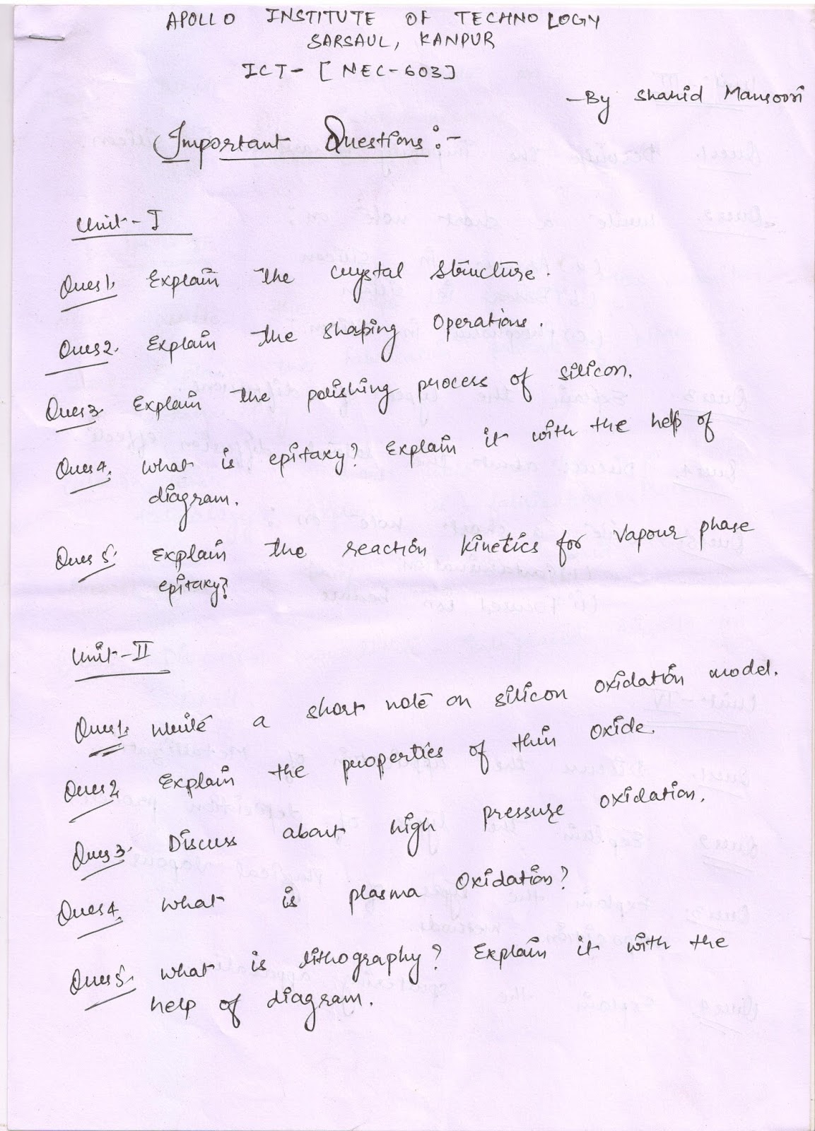 Integrated Circuit Technology Imp. Questions
