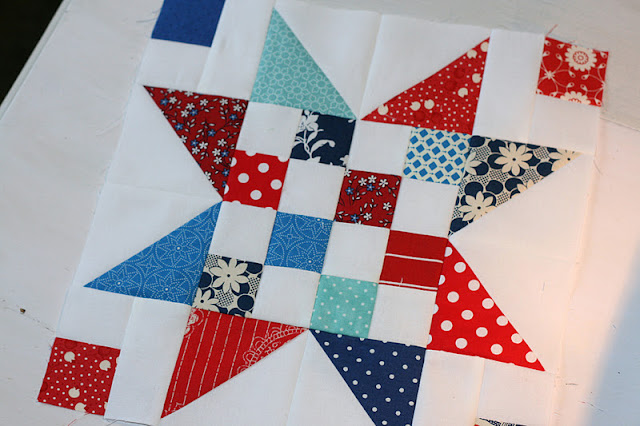 "Scrap Jar Star" is a Free Patriotic Quilt Block Pattern designed by Amber from Gigi's Thimble!