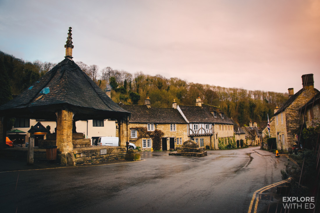 The central Market Square of Castle Combe on a wet January day