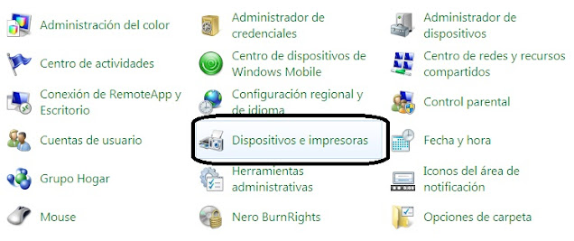 Imágen de donde se agregan las impresoras en Panel de Control.