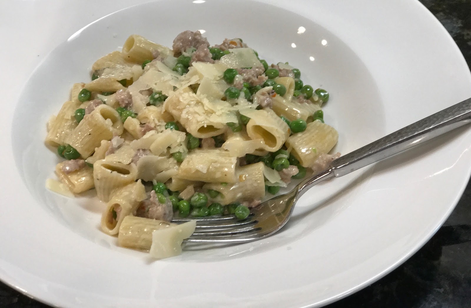 CROWDED KITCHEN Pasta with Peas and Sausage
