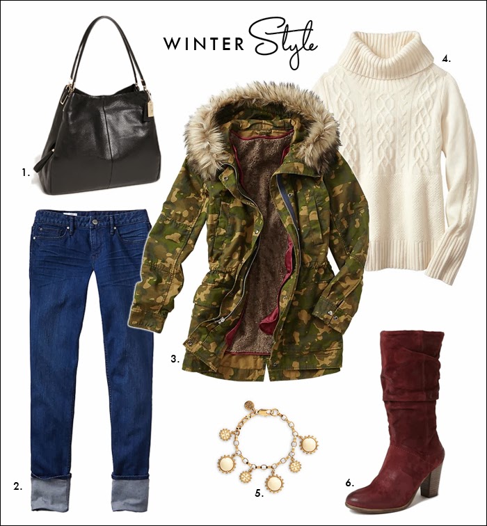 styles for less, look for less, copy the look, chunky sweaters, camo jackets, faux fur, slouchy boots, how to wear skinny jeans, gap, nordstrom, steve madden