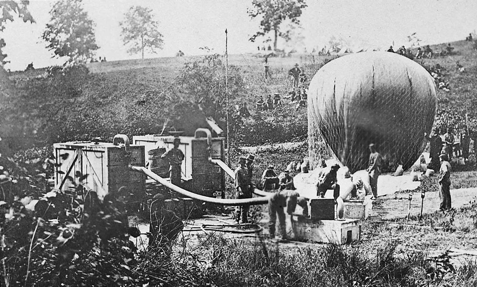 nflation of the Intrepid, a hydrogen gas balloon used by the Union Army Balloon Corps for aerial reconnaissance. The the Balloon Corps operated a total of seven balloons, with the Intrepid being favored by Chief Aeronaut Thaddeus Lowe.
