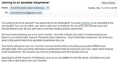 Threatening email sent to Mundo Sin Islam