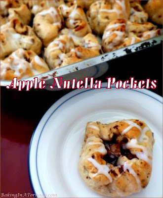 Apple Nutella Pockets start with refrigerator cinnamon roll dough, are stuffed with Nutella and an apple and walnut mixture, then baked in the oven like individual apple pies. | Recipe developed by www.BakingInATornado.com | #recipe #bake