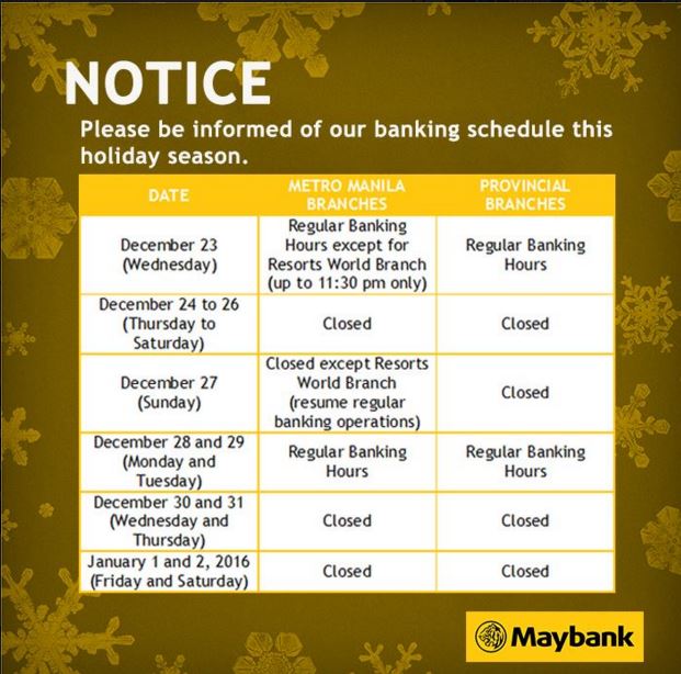 Maybank Philippines Holiday Schedule