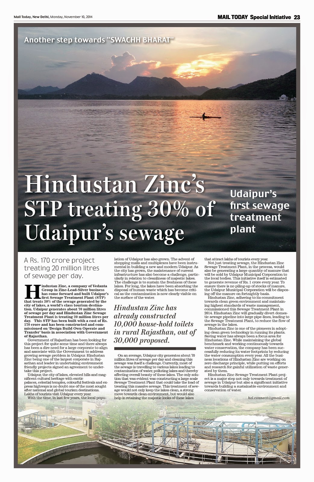 VEDANTA CSR HINDUSTAN ZINC "MARYADAA" MAIL TODAY HINDUSTAN ZINC'S