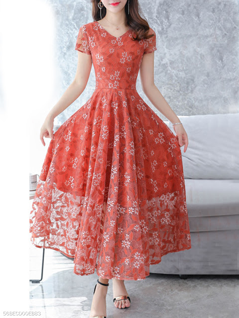 V Neck Floral Printed Lace Maxi Dress
