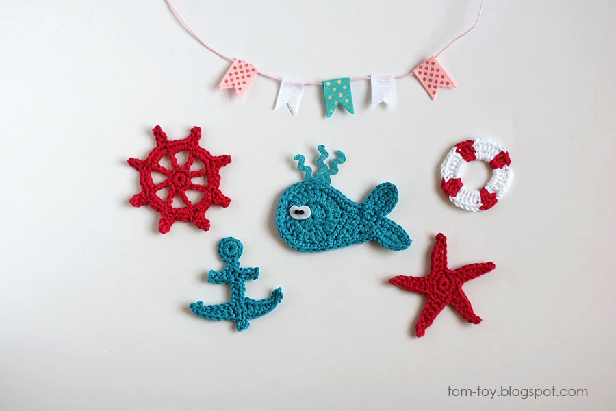 nautical crochet appliques, whale, anchor, life buoy, wheel, starfish, garland