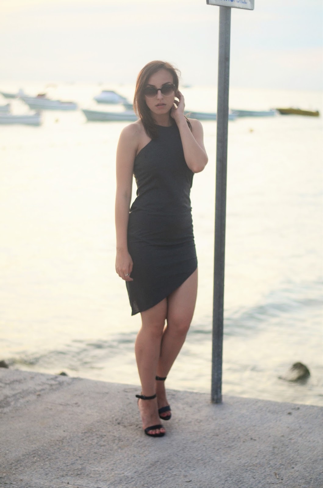 fashion blogger outfit with Assymetrical gray coctail party dress