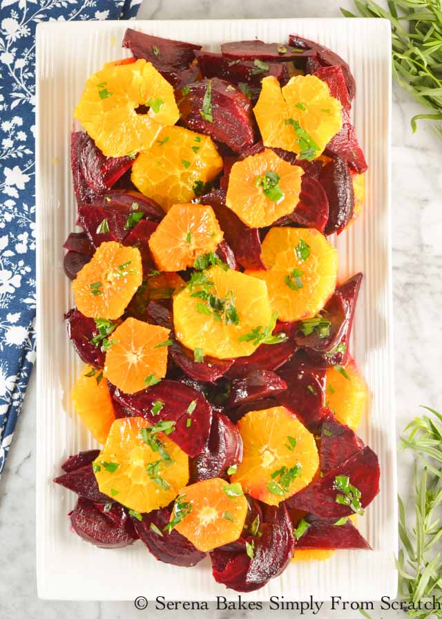 Beet Orange Salad with tarragon citrus vinaigrette recipes from Serena Bakes Simply From Scratch. Roasted beets with fresh oranges makes this a holiday favorite side dish for Thanksgiving and Christmas dinner.