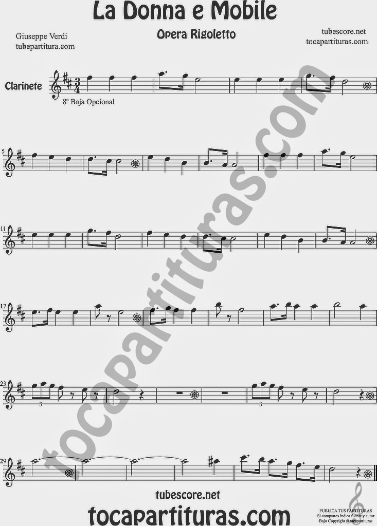  La Donna e Mobile Partitura de Clarinete Sheet Music for Clarinet Music Score Ópera Rigoletto by G. Verdi