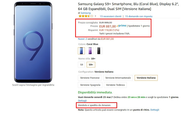 Samsung Galaxy S9 Plus: il prezzo scende subito a 881 euro venduto e spedito da Amazon